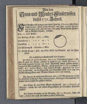 Von den Sonn- und Mondes-Finsternissen dieses 1731. Jahres.
