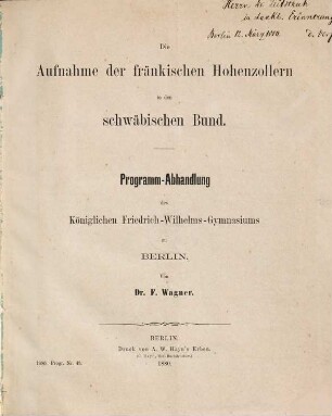 Die Aufnahme der fränkischen Hohenzollern in den schwäbischen Bund