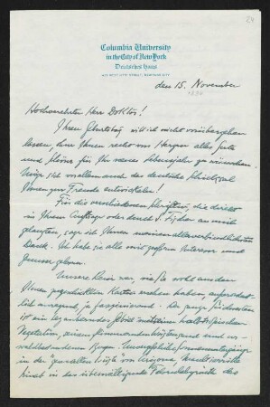 Brief von Frederick W. J. Heuser von Columbia University / Deutsches Haus  an Gerhart Hauptmann