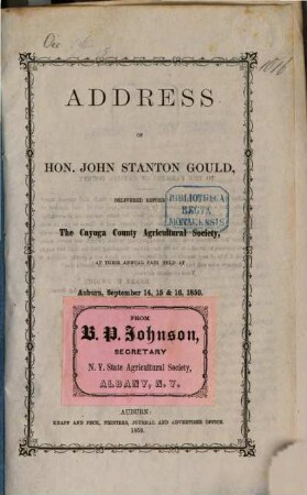 Address delivered before the Cayuga county agricultural society, at their annual fair held at Auburn, Sept. 14.15 et 16, 1859