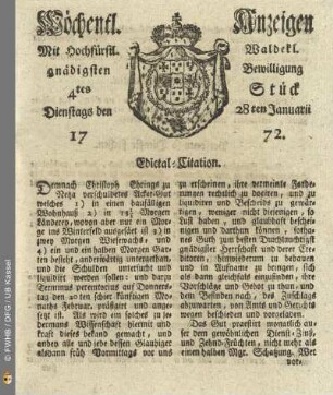 4tes Stueck, Dienstags den 28ten Januarii 1772