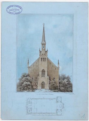 Katholische Kirche, Krehlau: Ansicht Westfassade, Grundriss