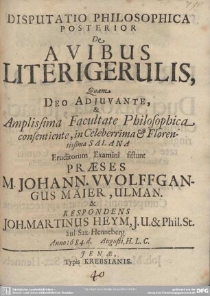 Disputatio Philosophica Posterior de Avibus Literigerulis