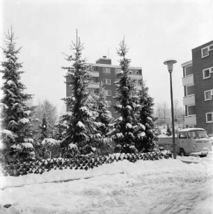 Am Kurpark: vorn links Grünanlage mit Fichten: links VW-Pritschenwagen hinter Straßenlampe: dahinter zwei Wohnblocks: Winter