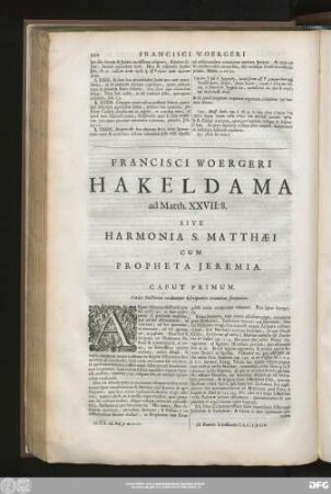 Francisci Woergeri Hakeldama ad Mathh. XXVII:8. Sive Harmonia S. Matthaei Cum Propheta Ieremia.