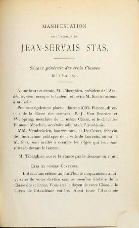 Manifestation en l'honneur de Jean-Servais Stas à l'occasion du cinquantième anniversaire de sa nomination comme membre titulaire de la classe des sciences : 1841 - 1891