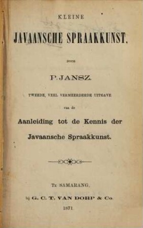 Kleine Javaansche Spraakkunst, door P. Jansz