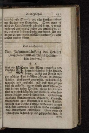 Das 10. Capitel. Von Zusammenhäuffung des Geblüts (congestiones) und allerhand Schmertzen (dolores.)
