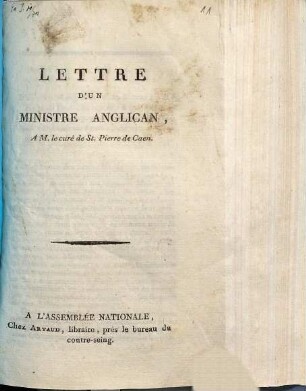 Lettre d'un ministre Anglican à M. le curé de St. Pierre de Caen : (Et réponse du curé)
