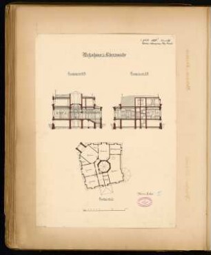 Wohnhaus, Eberswalde Monatskonkurrenz Juli 1880: Grundriss Dachgeschoss, 2 Querschnitte; Maßstabsleiste