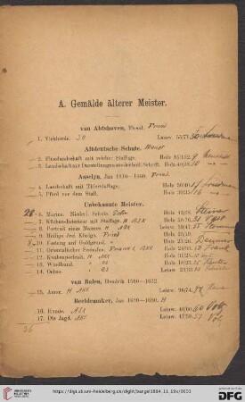 A. Gemälde älterer Meister (Nr. 1 - 112)