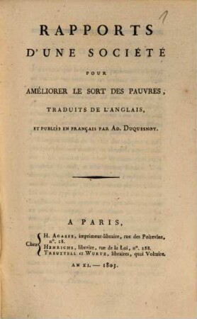 Rapports d'une société pour améliorer le sort des pauvres