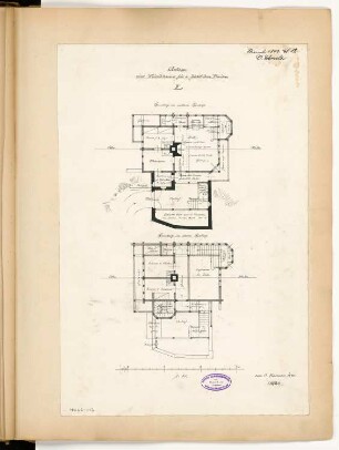 Pirschhaus Monatskonkurrenz November 1890: Grundriss Erdgeschoss, Obergeschoss 1:100; Maßstabsleiste