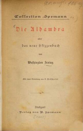 Die Alhambra oder das neue Skizzenbuch von Washington Irving