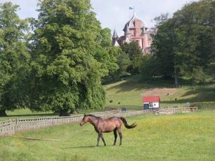 Landschaft mit Schloß(Thirlestane Castle) und Pferd südlich von Edinburg