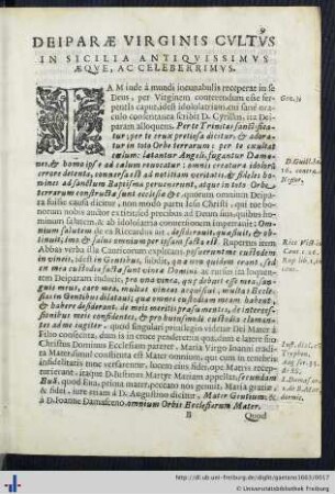 Deiparae Virginis Cultus In Sicilia Antiquissimus Aeque, Ac Celeberrimus.