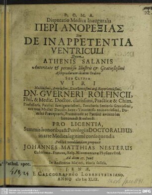 Disputatio medica inauguralis Peri anorexias seu de inappetentia ventriculi