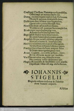 Johannis Stigelii, Elegia de utilitate doctrinae de Fabricatione humani corporis