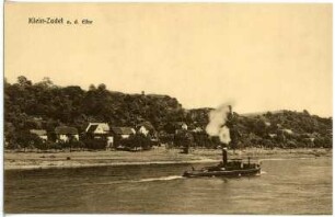 Kleinzadel. Blick auf Klein-Zadel - Elbe mit Schlepper