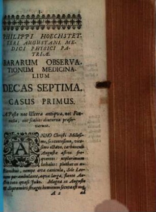 Rararum Observationum medicinalium. [2.], Pars posthuma