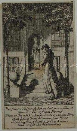 Illustration aus dem Lauenburger genealogischen Kalender von 1780 (4. Blatt), "Wie seinen Reiserock behandelt, ..."