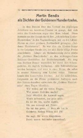 Martin Bendix als Dichter der Goldenen Hundertzehn
