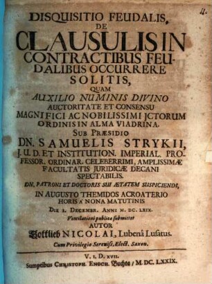 Disquisitio Feudalis, De Clausulis In Contractibus Feudalibus Occurrere Solitis