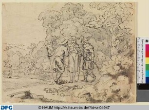 [Drei Männer, einander zugewandt, vor einem Laubwald]