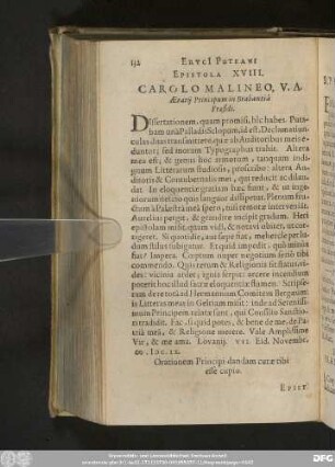 Epistola XVIII. Carolo Malineo, V. A. Aerarii Principum in Brabantiâ Praesidi.