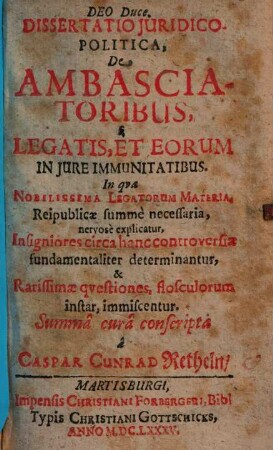 Dissertatio iuridicopolitica de Ambasciatoribus ...