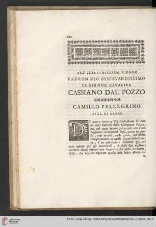 All' illustrissimo Signor Padron mio osservandissimo il Signor Cavalier Cassiano dal Pozzo
