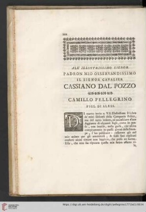 All' illustrissimo Signor Padron mio osservandissimo il Signor Cavalier Cassiano dal Pozzo