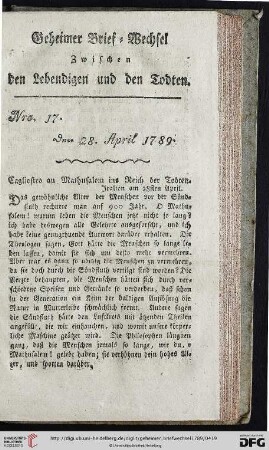 Geheimer Brief-Wechsel zwischen den Lebendigen und den Todten Nro. 17