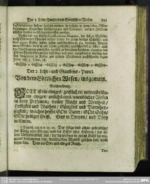 Der 2. Lehr- und Glaubens-Punct. Von dem Göttlichen Wesen, insgemein