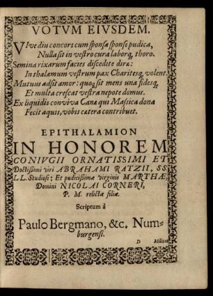 Epithalamion In Honorem Coniugii Ornatissimi Et Doctißimi viri Abrahami Ratzii ...