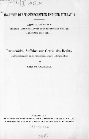 Parmenides' Auffahrt zur Göttin des Rechts : Untersuchungen zum Prooimion seines Lehrgedichts