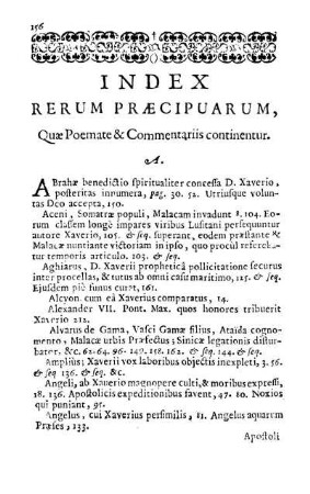 Index Rerum Præcipuarum, Quæ Poemate & Commentariis continentur.