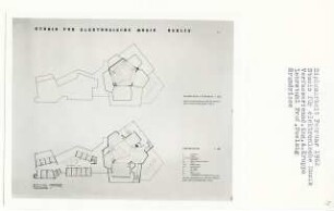 Studio für elektronische Musik, Berlin-Westend (Diplomarbeit bei Peter Poelzig): Grundrisse Obergeschoss, Dachaufsicht und Kernraum 1:200