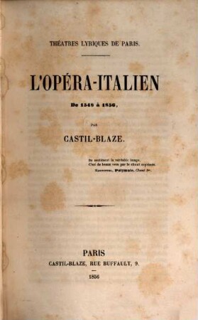 L'Opéra-Italien de 1548 à 1856 : (Théâtres lyriques de Paris.)