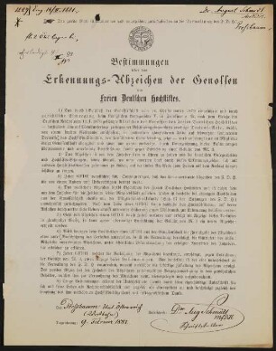 Bestimmungen über das Erkennungs-Abzeichen der Genossen des Freien Deutschen Hochstifts - August Schmidt