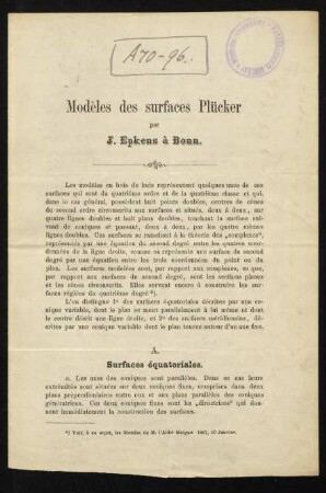 Modèles des surfaces Plücker