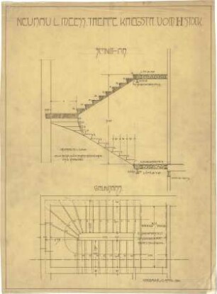 Billing, Hermann; Karlsruhe, Kriegsstr. 159 / Bunsenstr. 12; Doppelhaus L. Meess - Treppe 1. OG (Grundriss; Schnitt A-B)