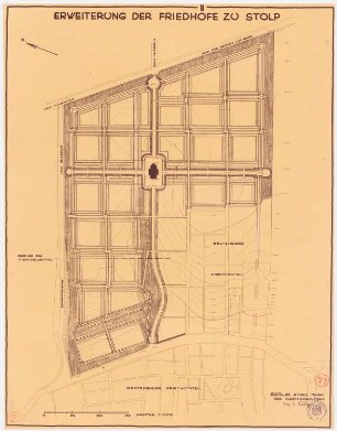 Erweiterung der Friedhöfe, Stolp: (Lichtpause von Inv.-Nr. 41166): Grundriss der geplanten Erweiterung des Friedhofs mit Höhenlinien und Eintragung der Grenze des 1. Bauabschnittes 1:1000, Maßstabsleiste; Stempel