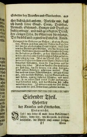 Siebender Theil. Gebetter bey Kranken und Sterbenden