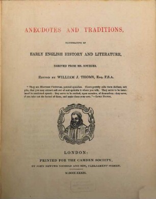 Anecdotes and Traditions, illustrative of early english history and literature