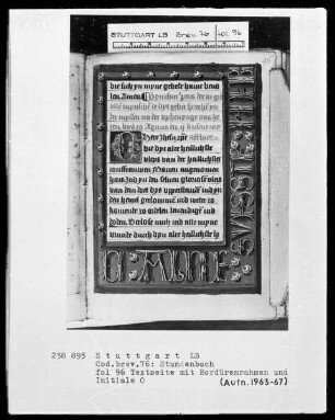 Niederdeutsches Stundenbuch (Lüning-Bergheim-Gebetbuch) — Textseite mit Bordürenrahmen und Initiale O, Folio 96recto