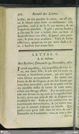 Lettre C. A la même. Aux Rochers, Dimanche 29. Novembre, 1671