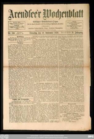 Arendsee'r Wochenblatt, Nr. 136. Dienstag, den 16. November 1920.