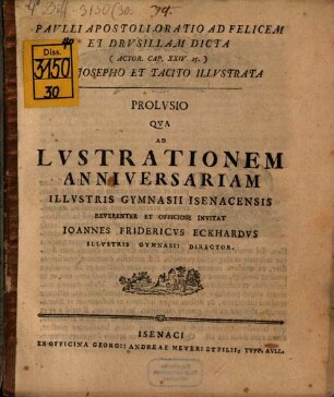 Pauli Apostioli oratio ad Felicem et Drusillam dicta, ex Josepho et Tacito illustrata