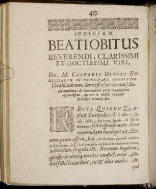 Indicium Beatiobitus Reverendi, Clarissimi Et Doctissimi Viri, [...]